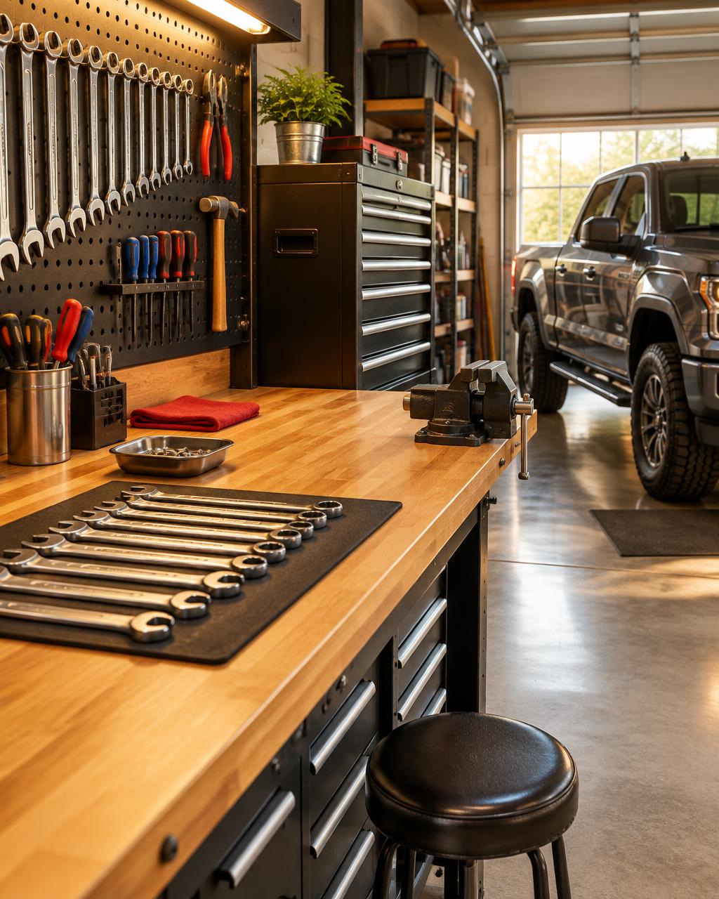 Garage workbench with tools