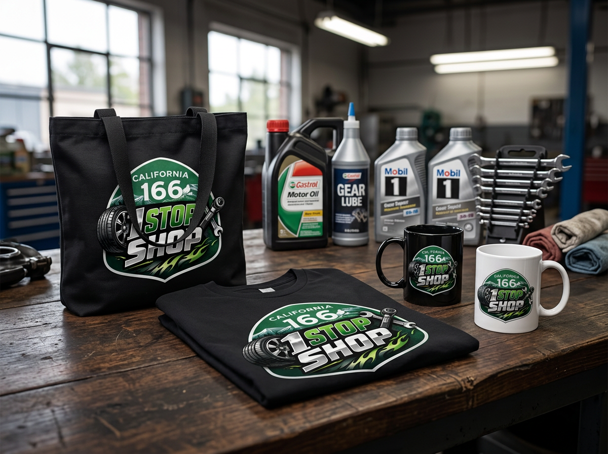 Illustrative mockup of 1 Stop Shop branded t-shirt, mugs, and tote bag with auto supplies