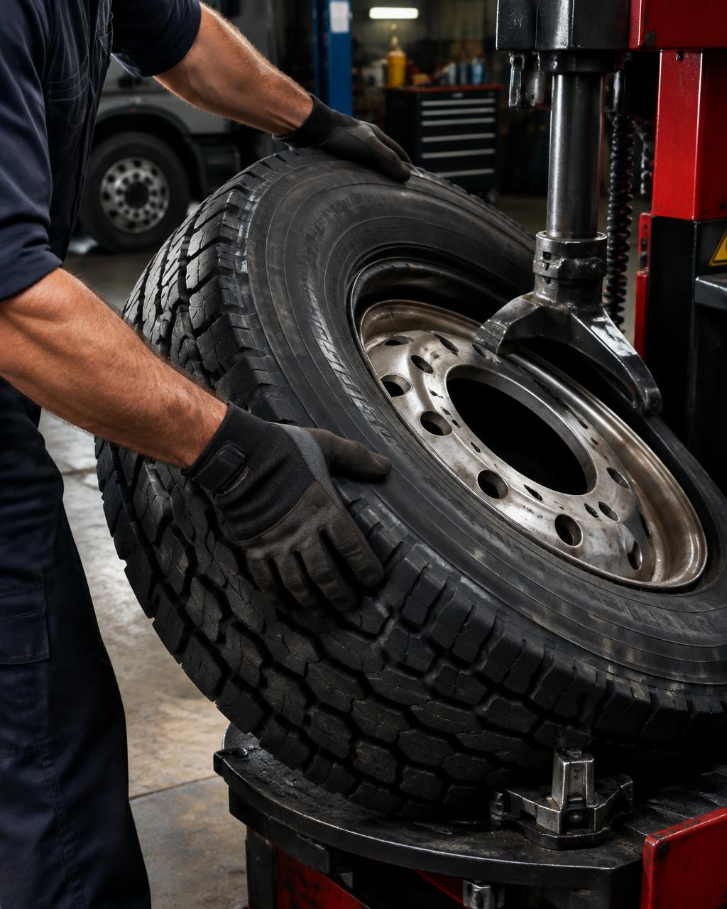 Mechanic mounting a truck tire